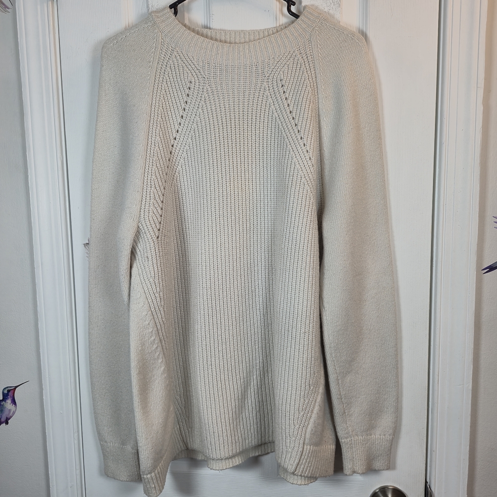 LOFT Alpaca Wool Blend Ribbed Pointelle Raglan Knit Sweater Cream Large